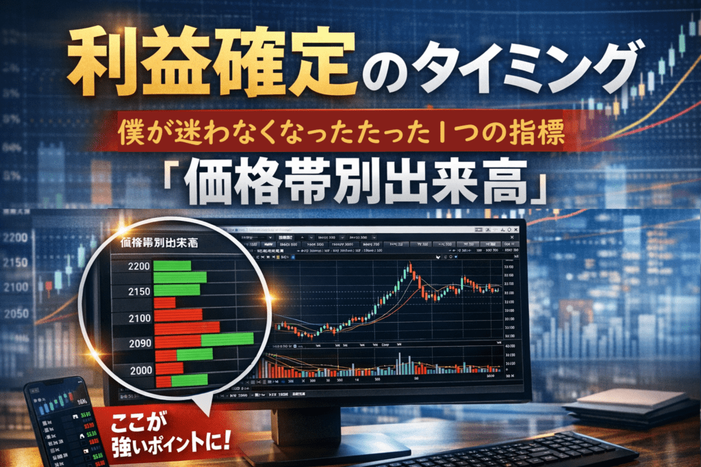 株の利益確定のタイミングを示すチャートイメージと「僕が迷わなくなったたった1つの指標」のタイトル
