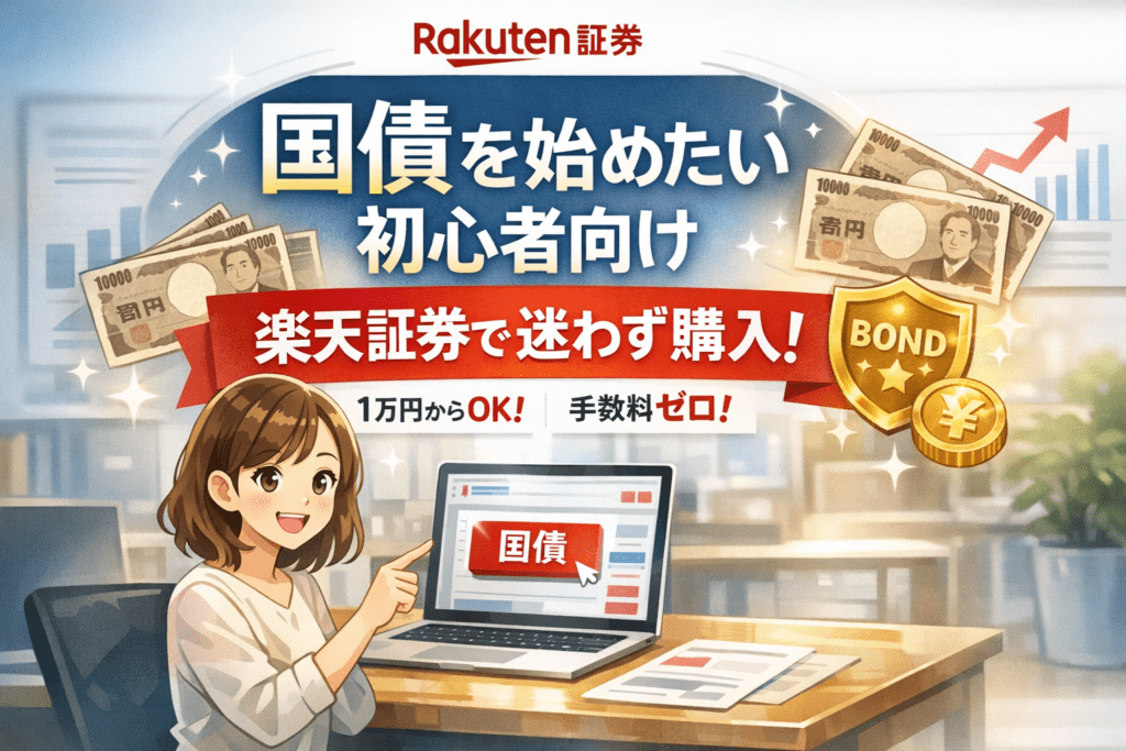 国債初心者向け楽天証券ガイド：迷わず手軽に個人向け国債を購入できる安心の口座イメージイラスト