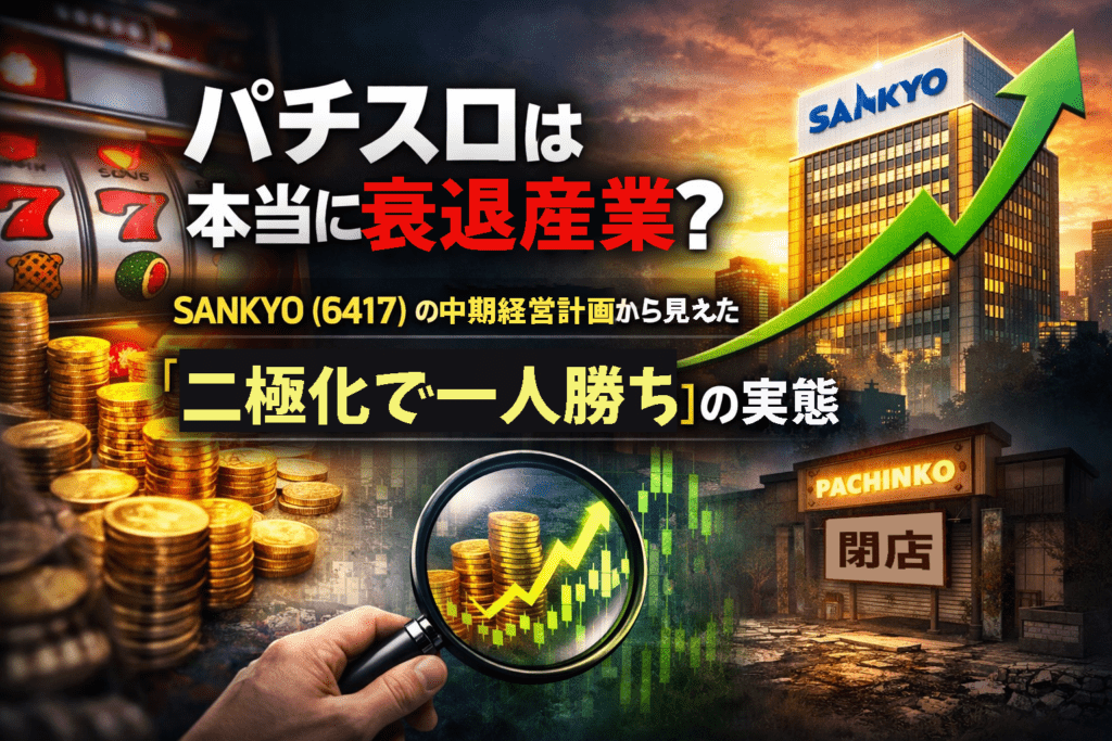 パチスロ業界は本当に衰退産業なのかをテーマに、SANKYO（6417）の中期経営計画と業界の二極化構造、「一人勝ち」の実態を投資家目線で分析したイメージ画像