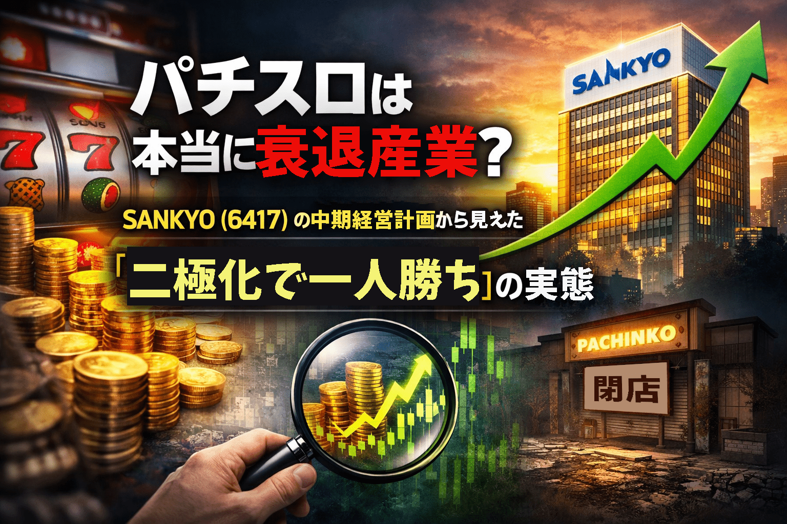 パチスロ業界は本当に衰退産業なのかをテーマに、SANKYO（6417）の中期経営計画と業界の二極化構造、「一人勝ち」の実態を投資家目線で分析したイメージ画像