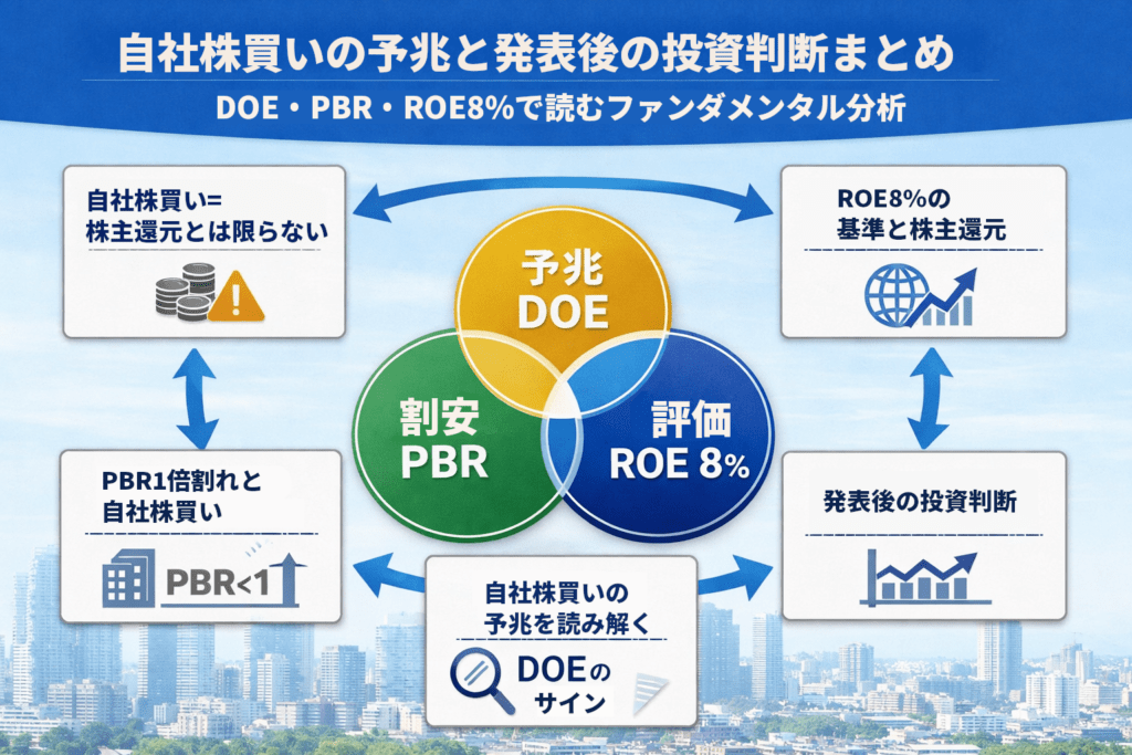 自社株買いの予兆と発表後の投資判断をDOE・PBR・ROE8％で整理したファンダメンタル分析の図解