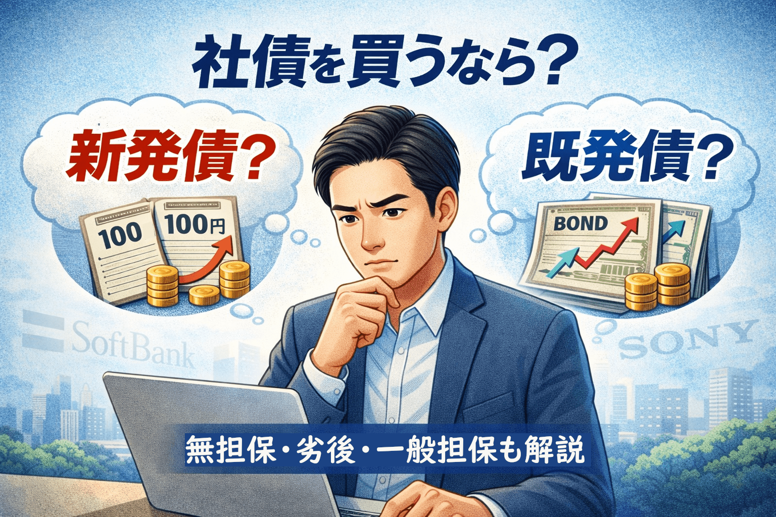 社債を買うなら新発債と既発債どちらがいいか迷っている男性投資家のイラスト｜無担保・劣後・一般担保を比較