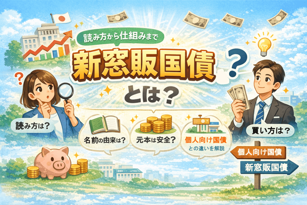 新窓販国債とは何かを解説するイラスト。名前ほど難しくなく、読み方・仕組み・買い方や、満期まで保有すれば安心できる特徴をわかりやすく表現したトップ画像。