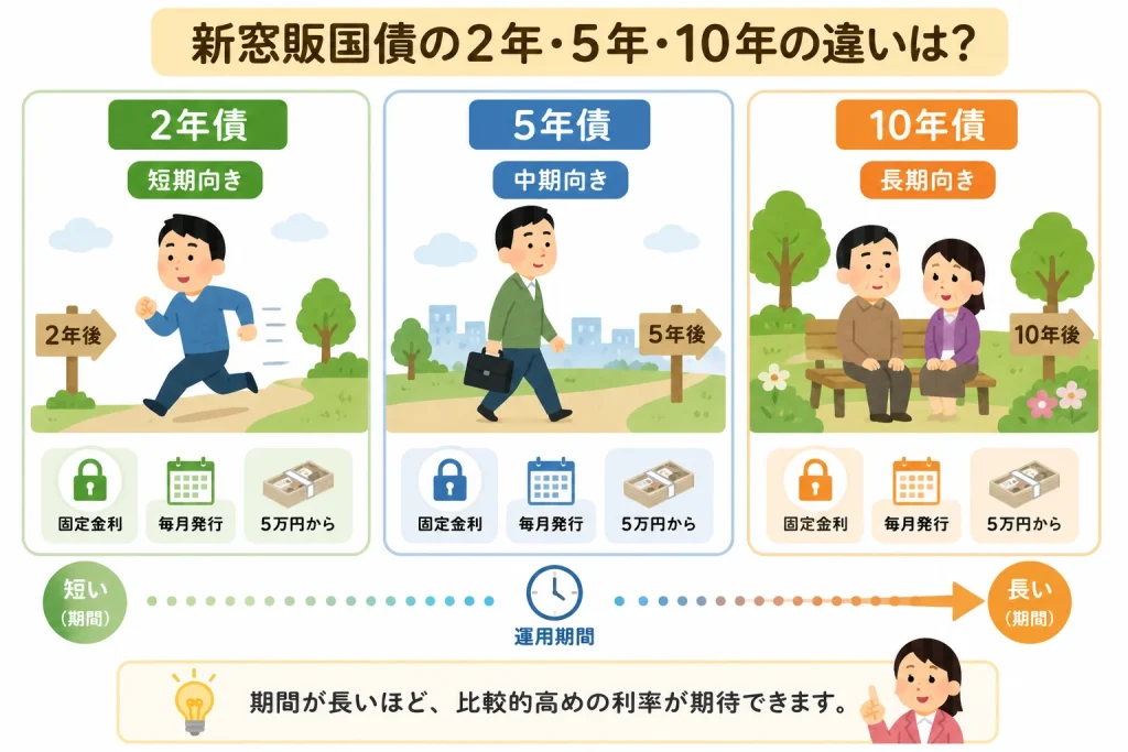 新窓販国債の2年債・5年債・10年債を運用期間で比較した図