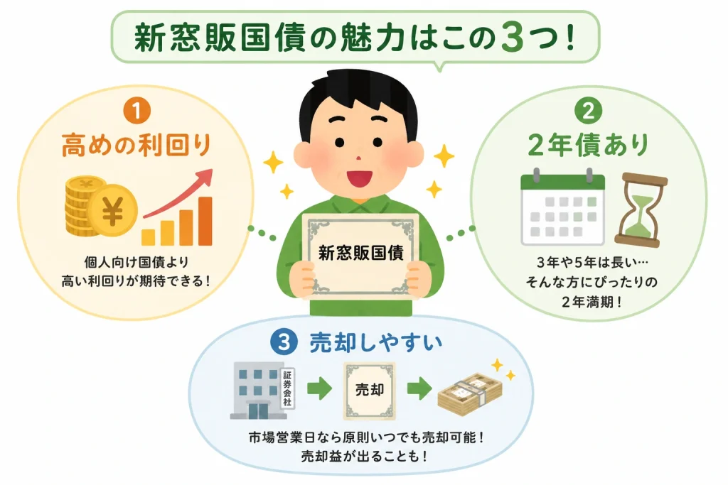新窓販国債の主なメリットを紹介した図。高めの利回り、2年債、売却しやすさが特徴