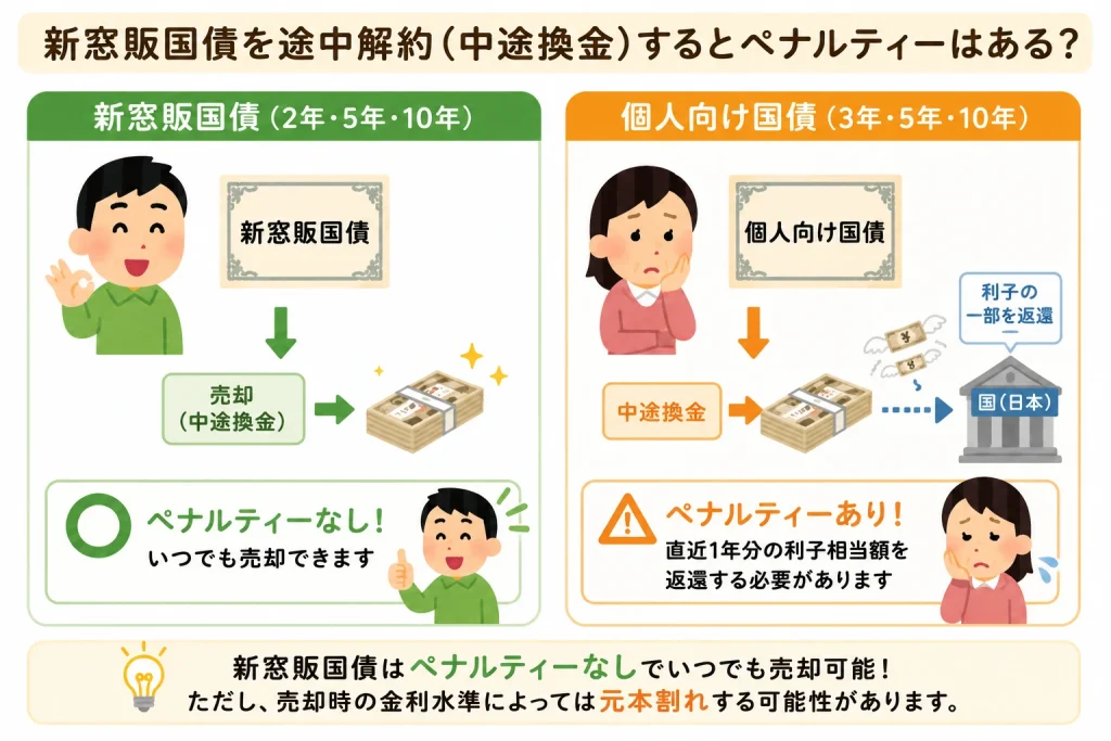 新窓販国債は中途換金時のペナルティーがなく、個人向け国債には利子返還のペナルティーがあることを示した図