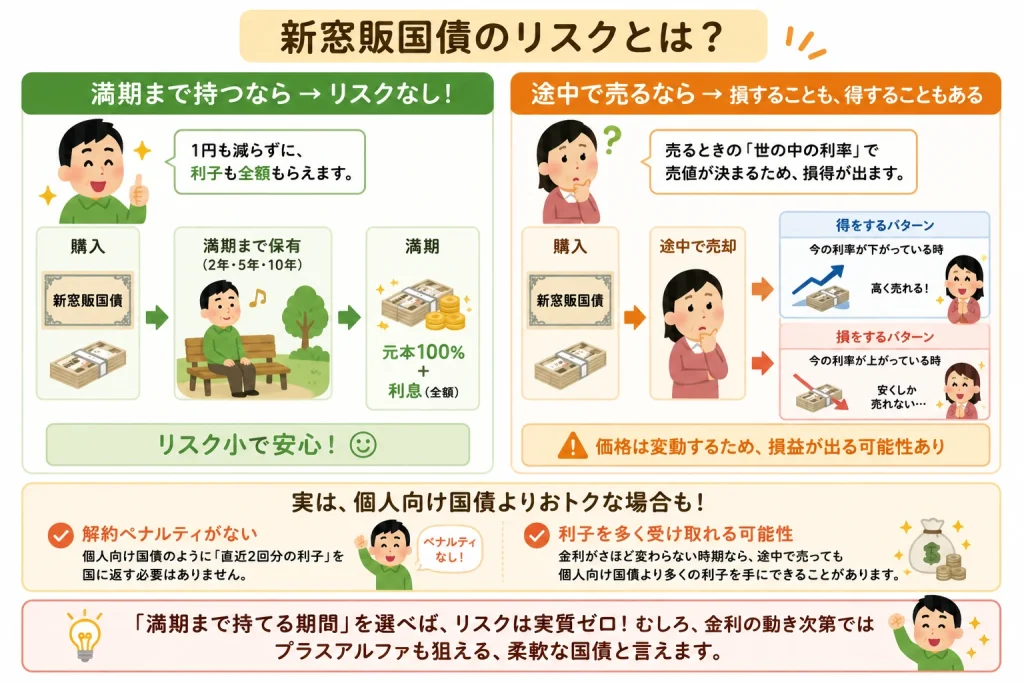 新窓販国債のリスクを解説した図。満期まで保有すれば元本と利息を受け取れるが、途中売却すると市場金利によって利益や損失が発生する可能性がある