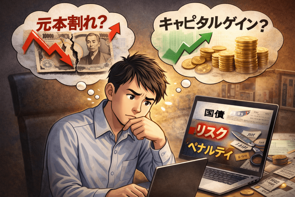 パソコンで国債を調べながら、新窓販国債の元本割れリスクとキャピタルゲイン、個人向け国債の中途換金ペナルティを比較して迷う男性のイメージ