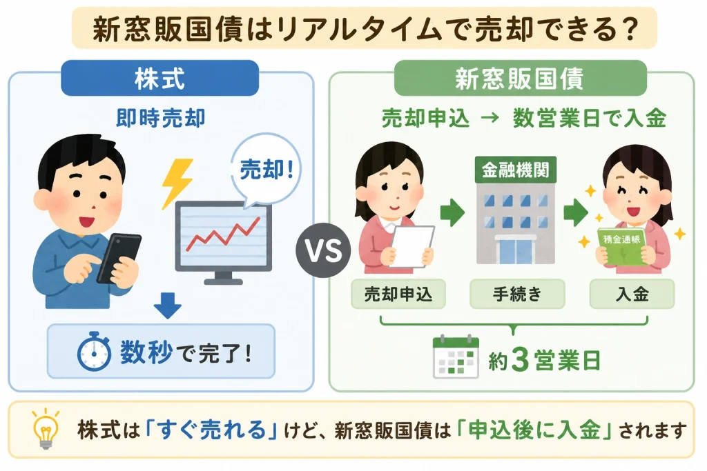 新窓販国債はリアルタイム売却できず、売却申込後に入金されることを示した図