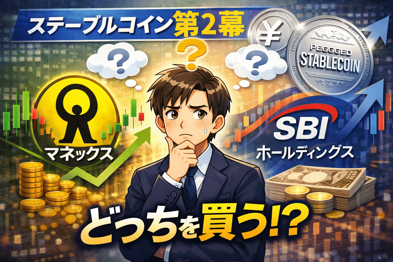 ステーブルコイン第2幕、マネックスとSBIのどちらに投資すべきか迷う投資家キャラクターのイラスト