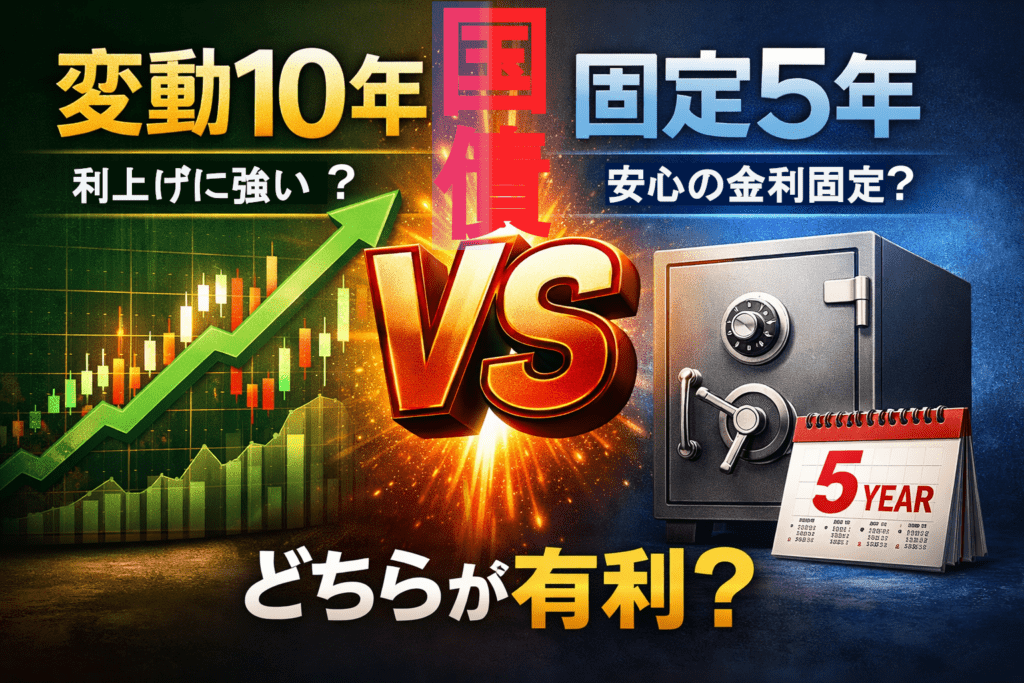 変動10年国債と固定5年国債を比較し、利上げ局面でどちらが有利かを示したイメージ
