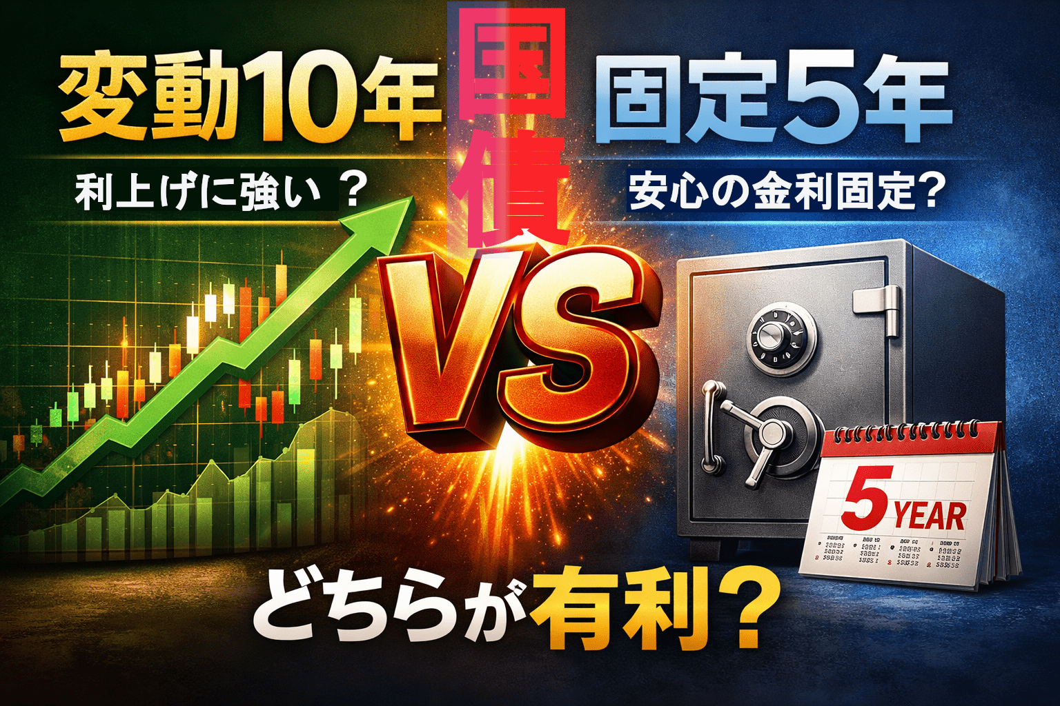 変動10年国債と固定5年国債を比較し、利上げ局面でどちらが有利かを示したイメージ