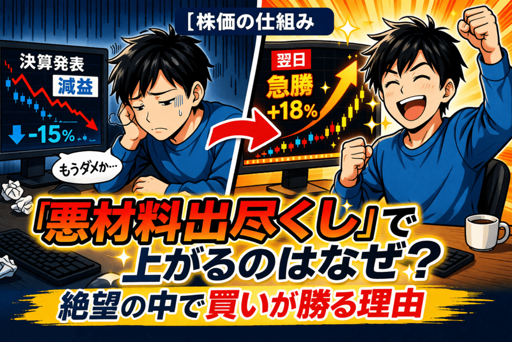 減益決算で落ち込んだ後に株価急騰で喜ぶ投資家|悪材料出尽くしのイメージイラスト