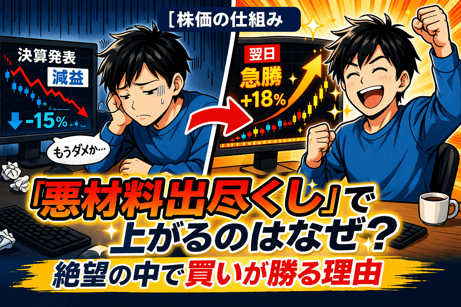 減益決算で落ち込んだ後に株価急騰で喜ぶ投資家｜悪材料出尽くしのイメージイラスト