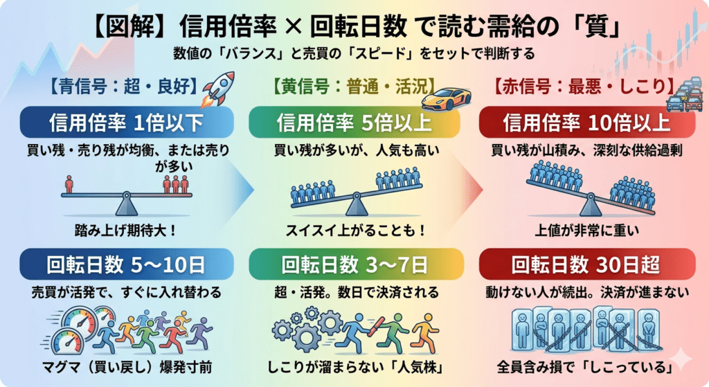 信用倍率と回転日数の組み合わせによる需給の良し悪しを解説した図解。高倍率でも回転日数が短ければ活況、長ければしこりと判断する基準。