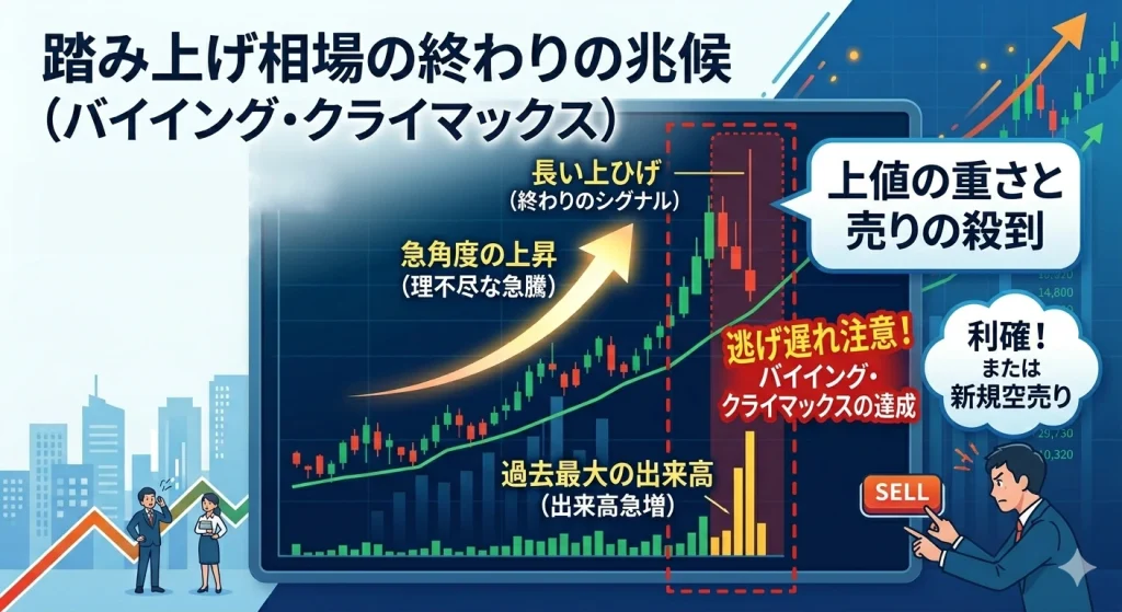 踏み上げ相場の終焉を示す「バイイング・クライマックス」のチャート図解。急角度で上昇した後に、過去最大の出来高を伴って「長い上ひげ」が出現したローソク足を示している。売り方の買い戻しが尽き、利益確定売りが殺到して上値が重くなった「終わりの兆候」と、逃げ遅れ注意の警告を視覚的に解説している。