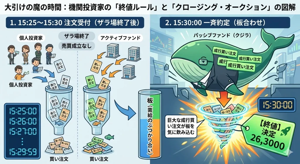 クロージング・オークションで機関投資家の巨大な成行注文が終値を決定する仕組みの図解イラスト