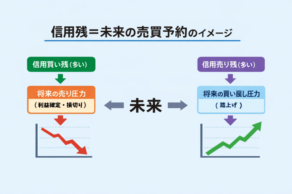 信用買い残と売り残が将来の売買圧力として株価に影響する仕組みを解説した図解
