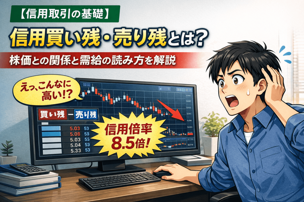 株価が下がった銘柄の板情報と信用倍率をモニターで確認し驚く男性投資家のイラスト