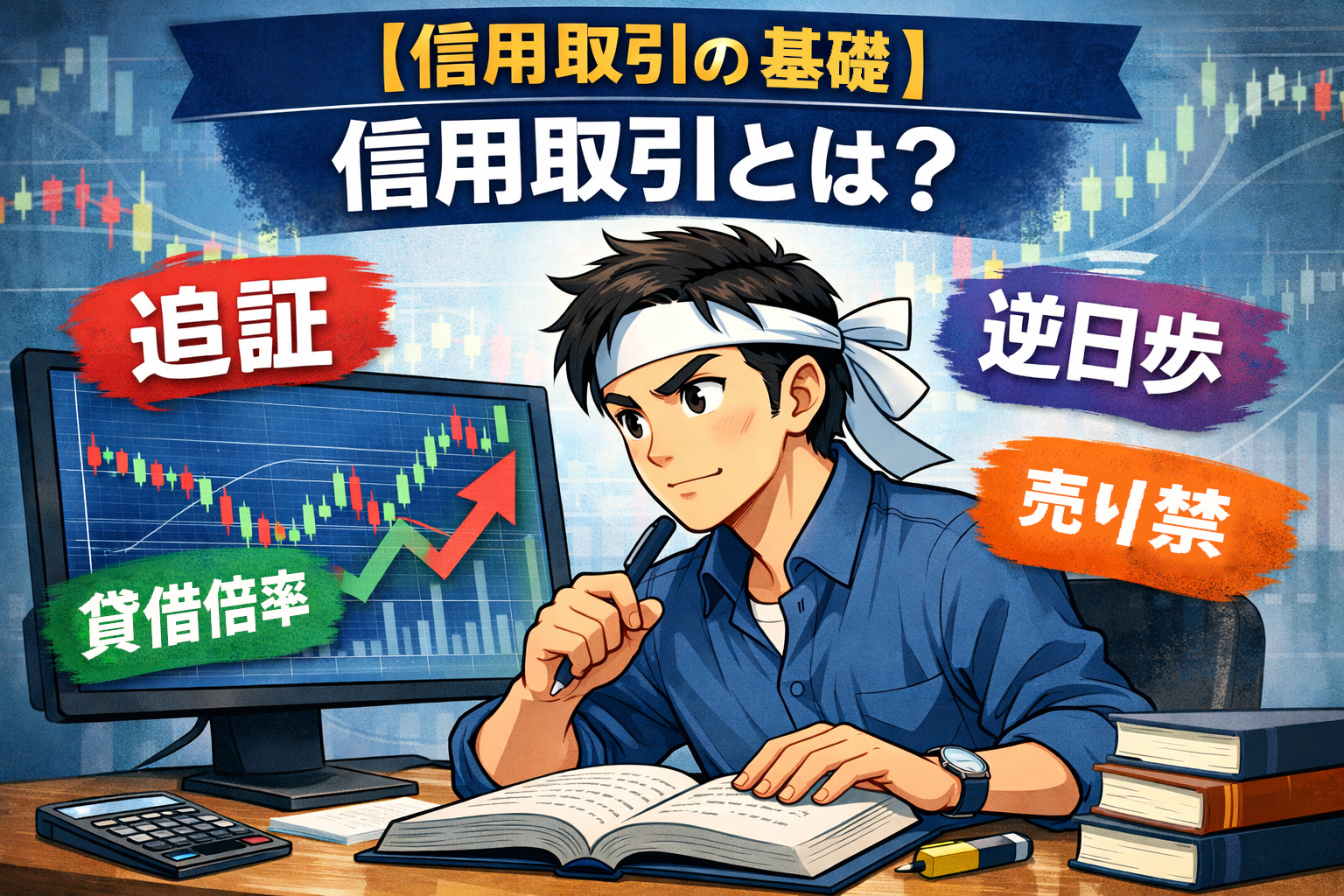 デスクトップPCの前でハチマキを巻き、信用取引を勉強する男性キャラクター