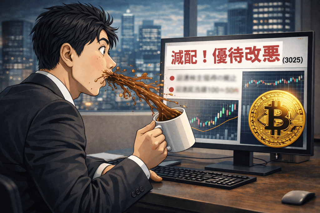 ダイドーリミテッド(3205)の減配と優待改悪ニュースを見てコーヒーを噴き出す男性のイラスト。モニターにはビットコインと株価チャートが表示されている。