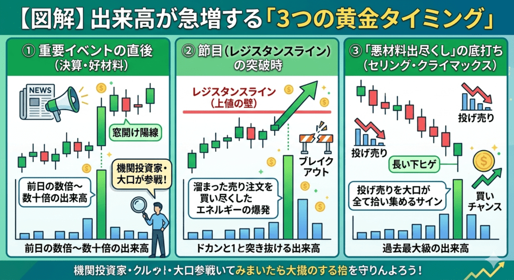 【図解】出来高が急増する3つの黄金タイミング（決算・節目突破・セリングクライマックス）の解説イラスト。