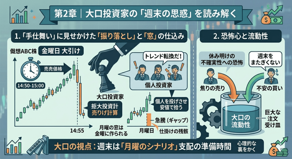 株価が金曜日の引け間際に動く理由(大口投資家による月曜日の窓開け仕込みや個人の振り落とし)を解説した図解イラスト