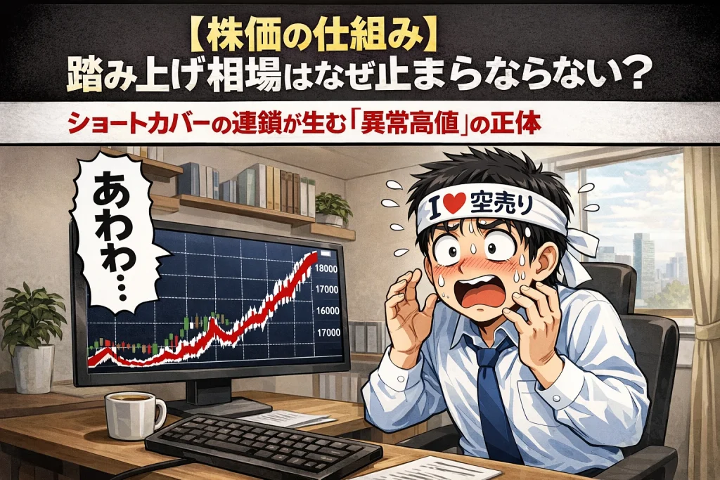踏み上げ相場でパニックになる空売り投資家の漫画イラスト|ショートスクイズの仕組みを解説する記事のトップ画像