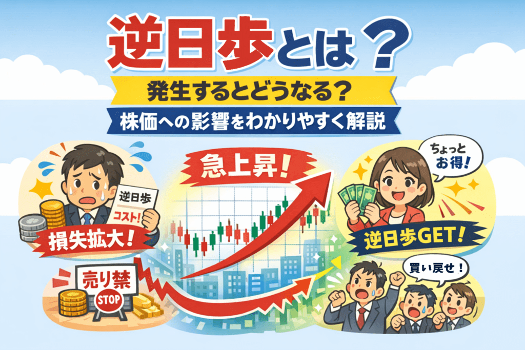 逆日歩とは何かと株価への影響を解説するイメージ|空売りの損失拡大と買い方の逆日歩受取、踏み上げ上昇を図解した信用取引の解説イラスト