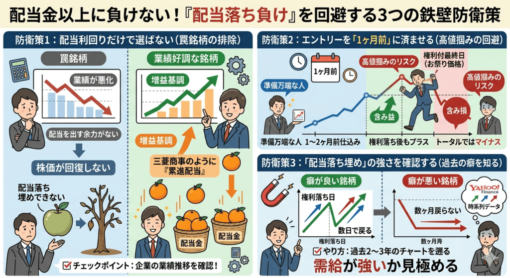「配当落ち負け」を防ぐための3つのポイント（業績、エントリータイミング、需給の強さ）を解説したイラスト