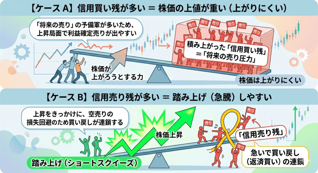 信用取引の需給（買い残・売り残）が株価に与える影響をシーソーで例えた比較図解
