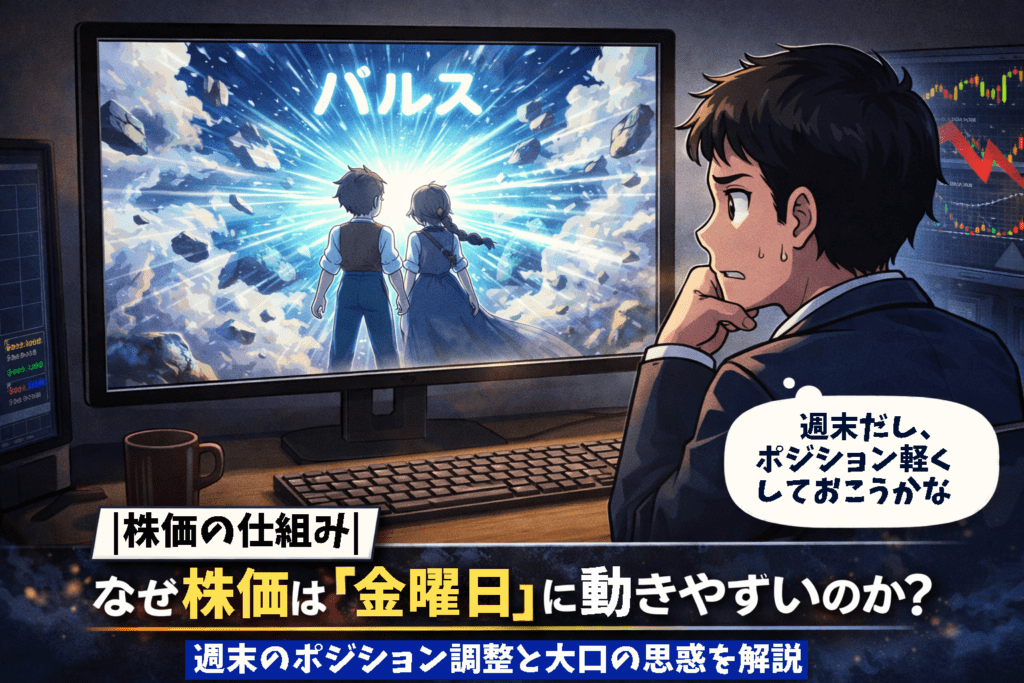 金曜日に株価が動きやすい理由をイメージしたトップ画像。週末前にポジション整理を考える個人投資家のイラスト