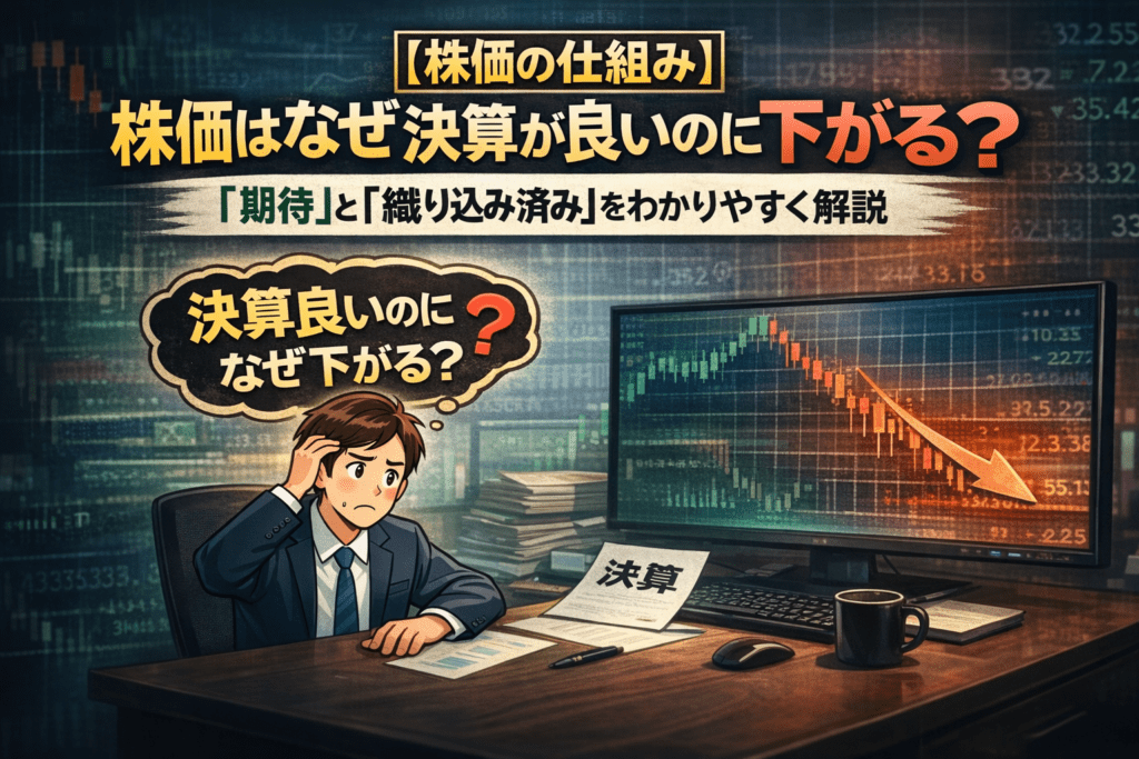 株価はなぜ決算が良くても下がるのかを解説する記事のトップ画像。モニター前で「決算良いのになぜ下がる？」と困惑する男性イラスト
