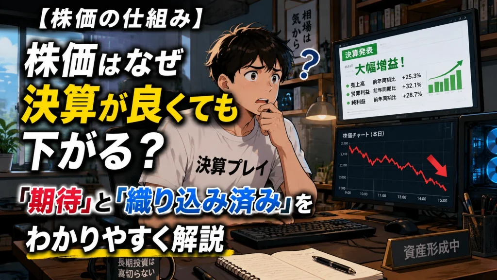 好決算なのに株価が下がる理由に疑問を持つ個人投資家。株価は業績ではなく期待と織り込み済みで動く仕組みを解説するイメージ画像