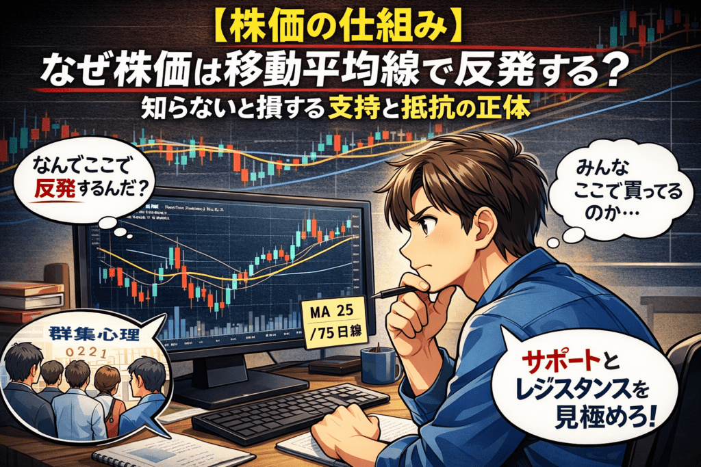 株価が移動平均線で反発する仕組みを学ぶ男性トレーダーのイラスト（サポートとレジスタンス解説）