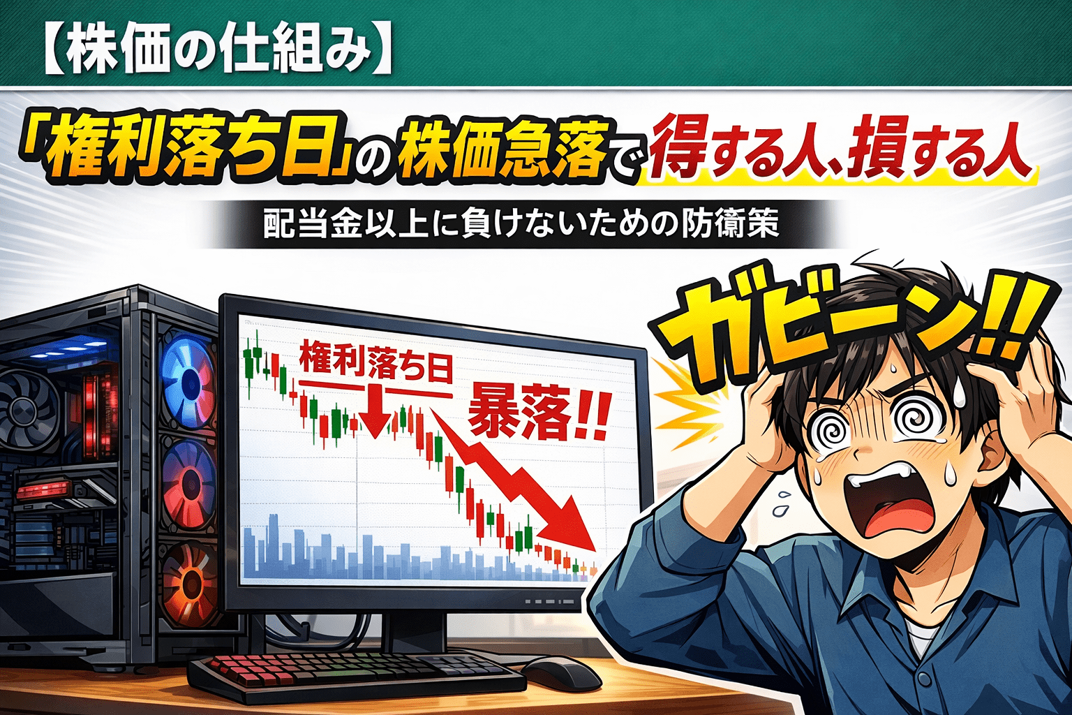 権利落ち日に株価が急落して驚く投資家の漫画風イラスト｜株価の仕組み解説
