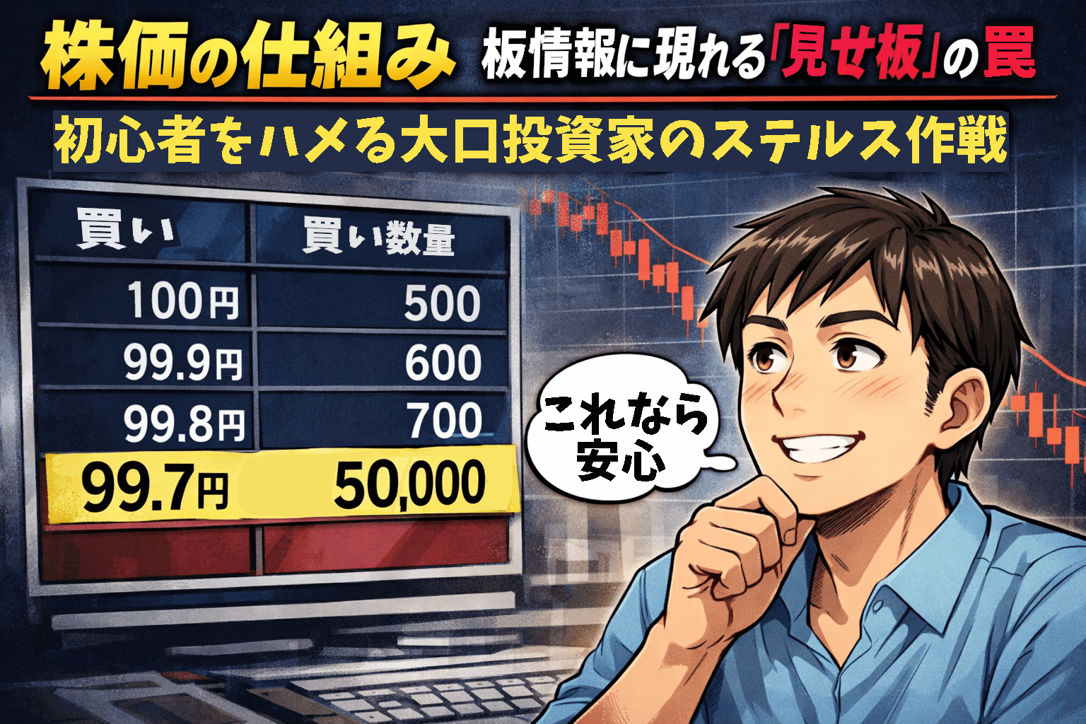 板情報に現れた大量の買い注文（見せ板）を見て株価は下がらないと安心する投資初心者のイメージ