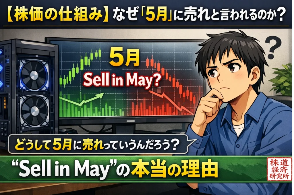 5月に売れと言われる理由を考える男性とSell in Mayの文字が表示された株式投資イメージ