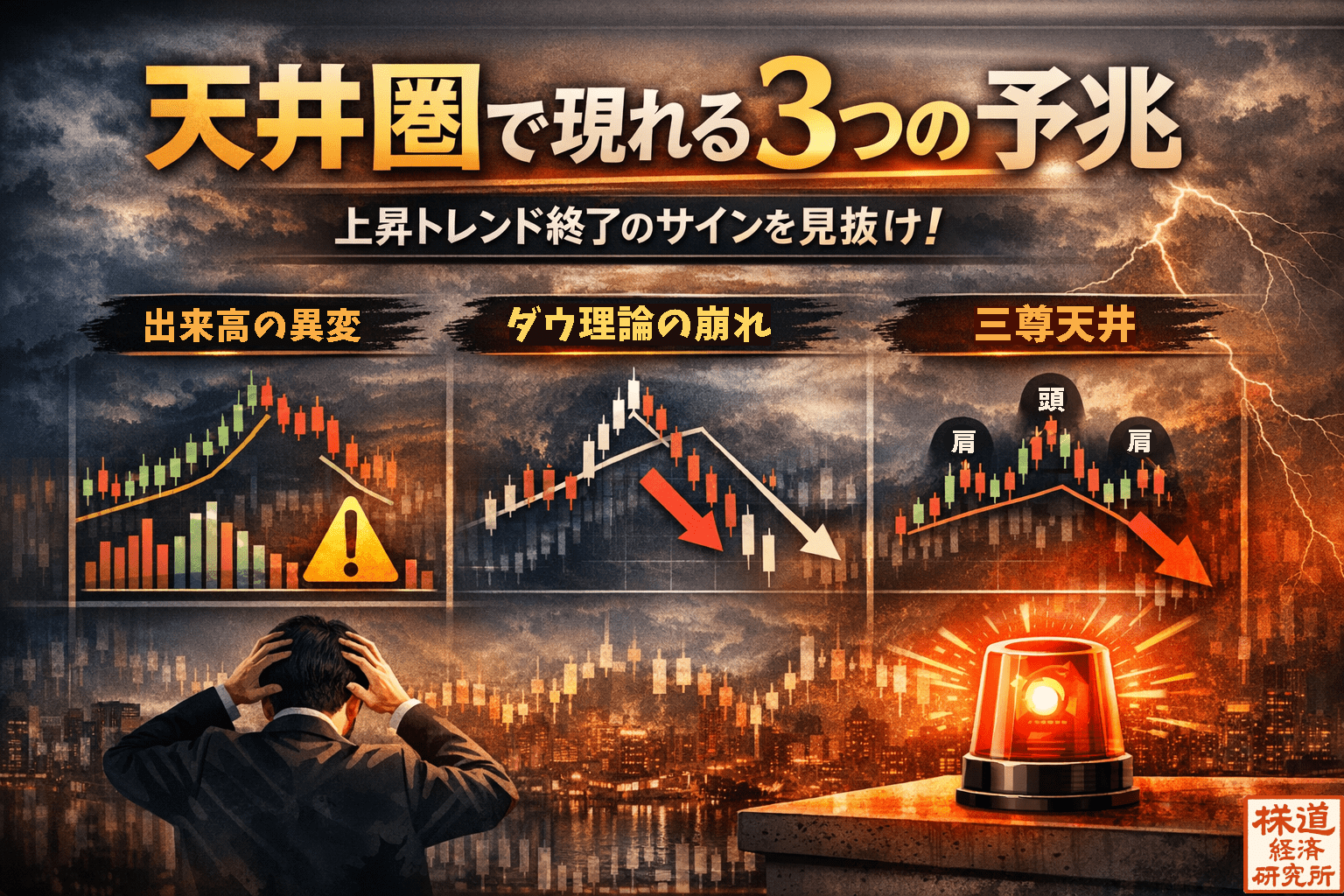 天井圏で現れる3つの予兆（出来高の異変・ダウ理論の崩れ・三尊天井）を解説した株価チャートのイメージ図
