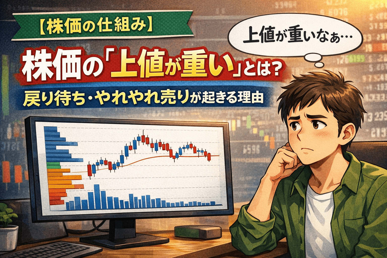 デスクトップモニターの前で株価チャートを見つめる男性。上値が重そうなローソク足と価格帯別出来高をイメージ。