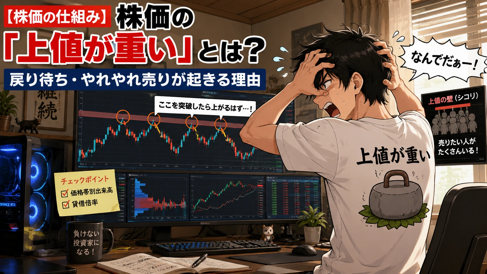 株価の上値が重い理由を解説したイラスト。戻り待ちややれやれ売りによって株価が何度も跳ね返され、個人投資家が悔しがる様子
