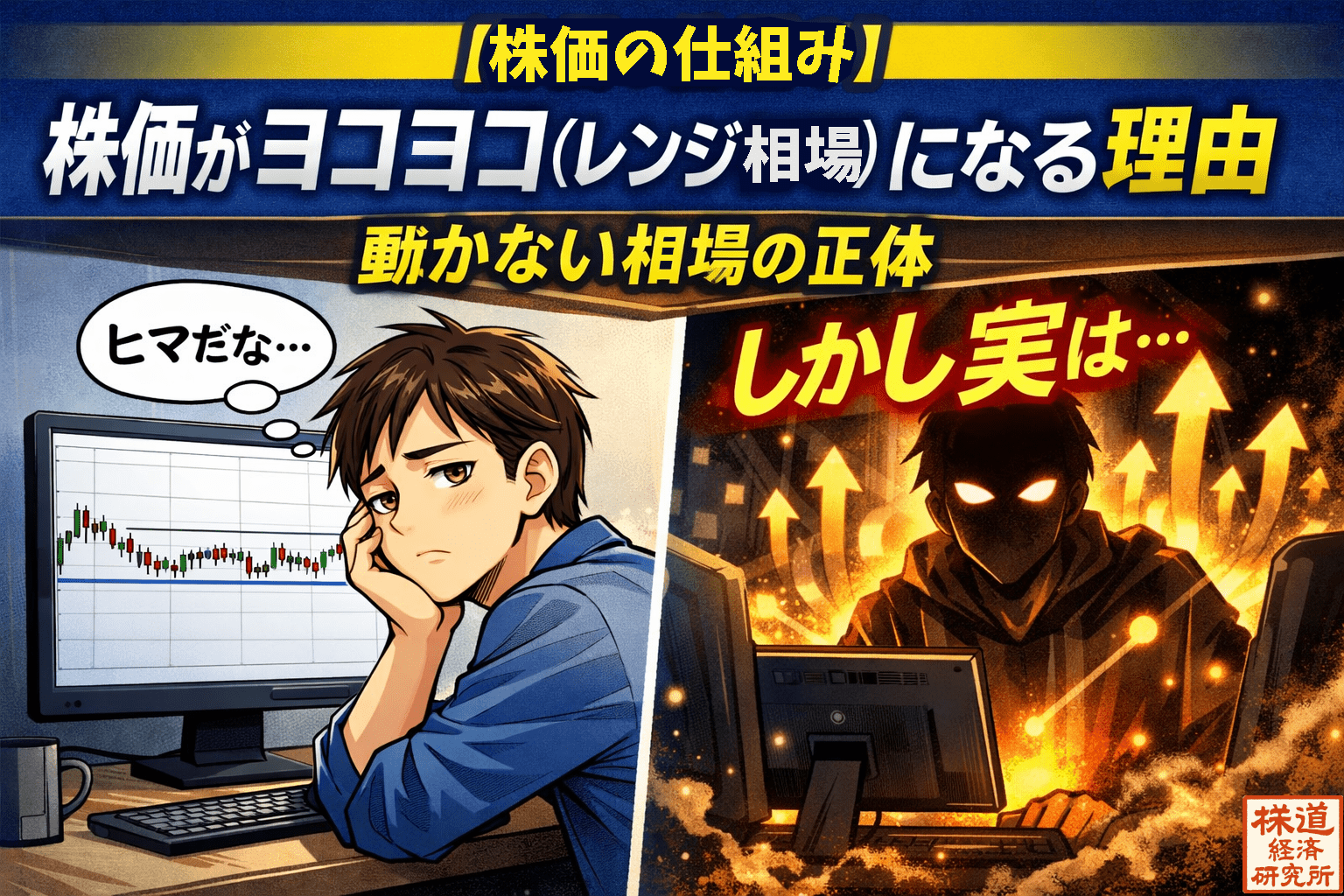 ヨコヨコの株価チャートを見て暇そうにしている男性と、背後でブレイクアウトを示唆する演出が描かれたレンジ相場解説の漫画風イラスト