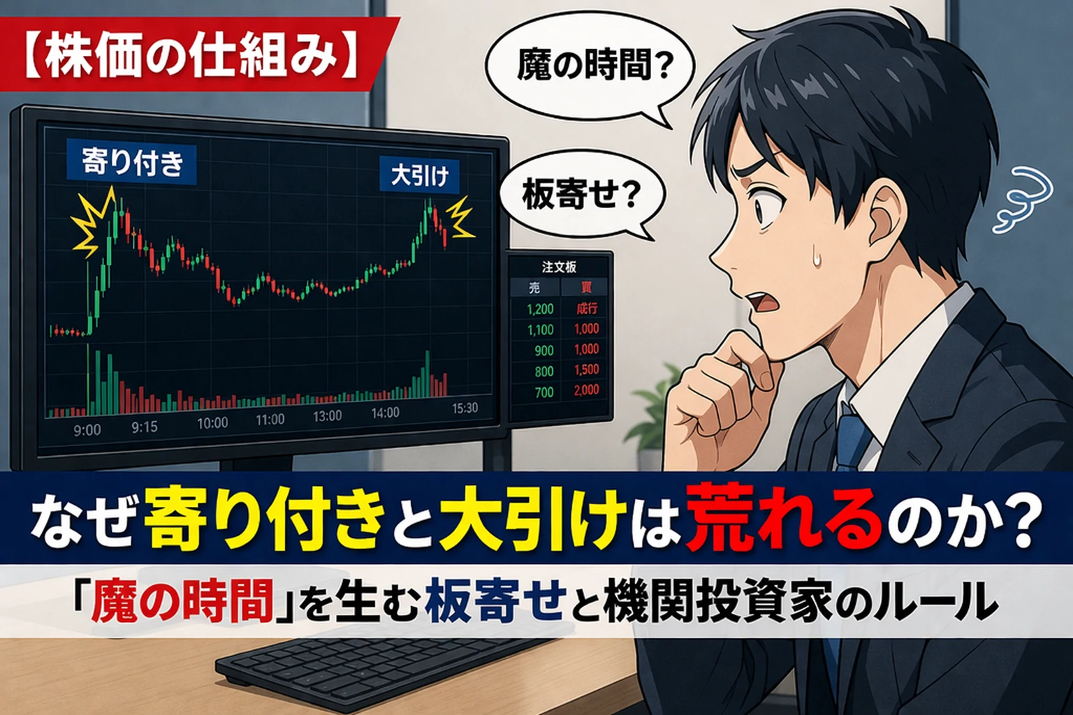 株価の仕組み｜寄り付きと大引けで株価が荒れる理由を解説するイメージ。モニターの株価チャートを見て戸惑う男性トレーダーと『魔の時間』『板寄せ』の吹き出し