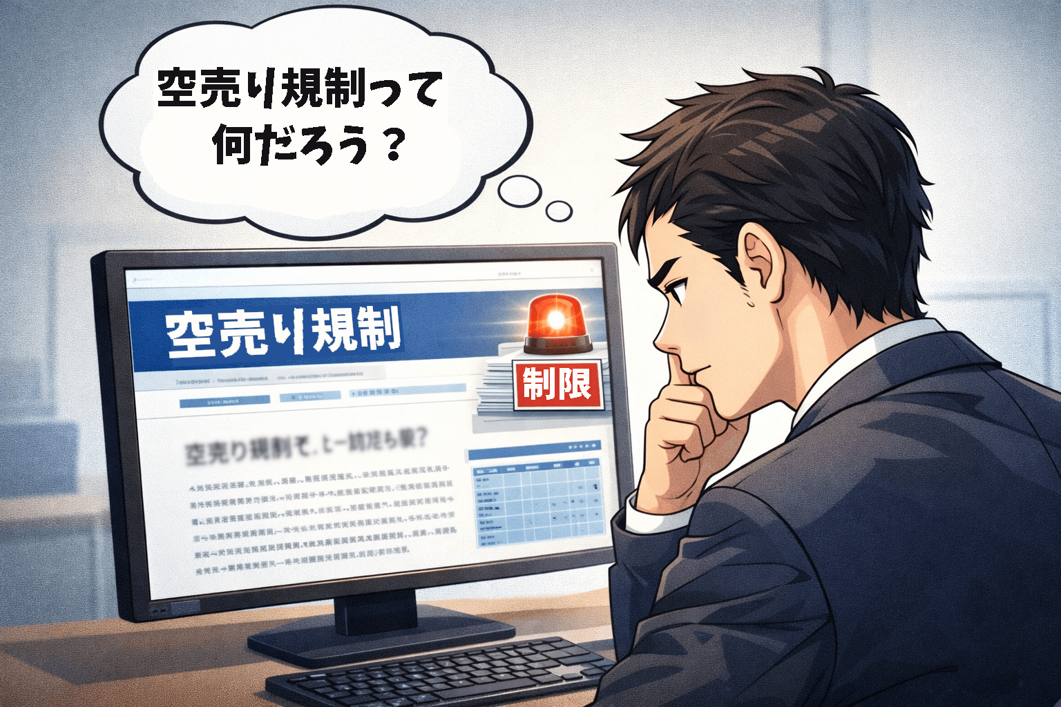 パソコンを見ながら「空売り規制って何だろう？」と考える男性投資家のイラスト