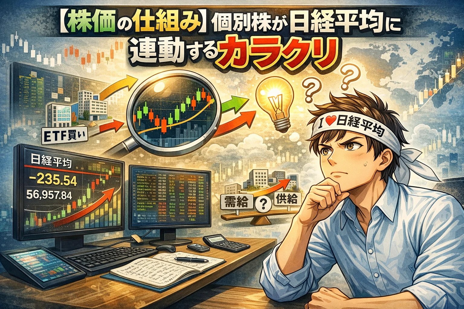個別株が日経平均に連動する仕組みを考える男性投資家のイラスト｜指数売買のカラクリを解説
