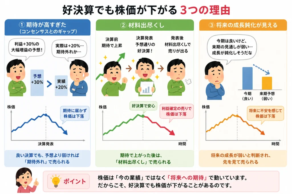 好決算でも株価が下がる3つの理由を解説した図解。期待外れ、材料出尽くし、将来の成長鈍化によって株価が下落する仕組みを示したイラスト