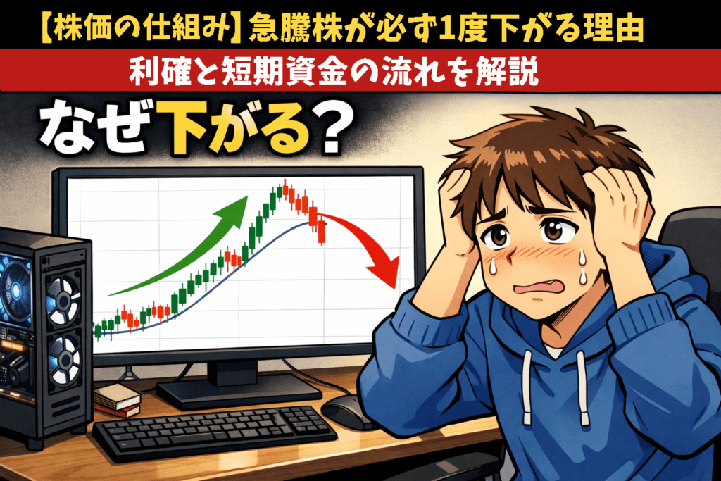 自作デスクトップPCの前で急騰株の調整下落チャートを見て戸惑う男性投資家のイラスト
