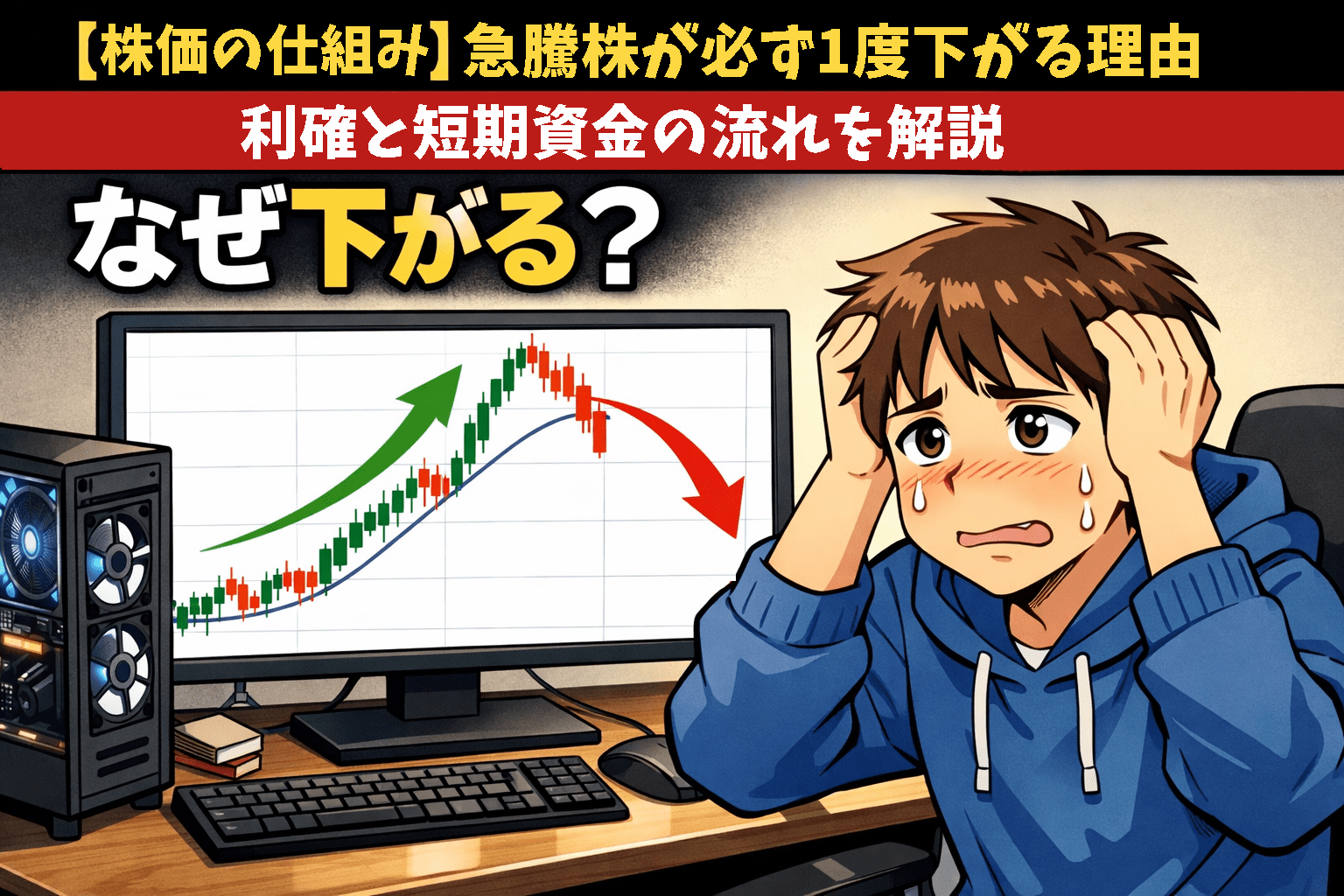 自作デスクトップPCの前で急騰株の調整下落チャートを見て戸惑う男性投資家のイラスト