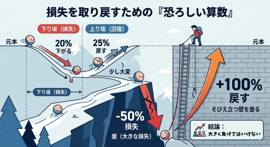 損失率と元本回復に必要な上昇率の比較図。20%の損失を戻すには25%の上昇が必要だが、50%の損失（資産半減）を戻すには100%（2倍）の上昇が必要であることを、下り坂と垂直な壁のイラストで解説する図解。