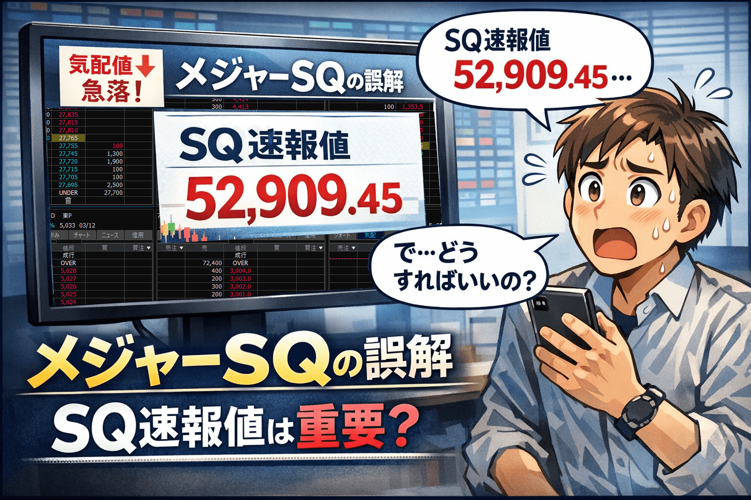 メジャーSQの気配値とSQ速報値52,909.45を確認する投資家のイラスト